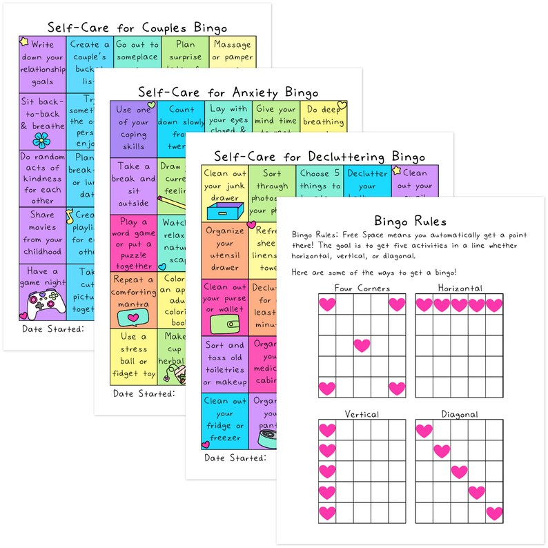 K&ouml;nnte beinhalten: Vier druckbare Bingokarten mit bunten R&auml;ndern und Herzen. Die Karten sind mit "Self-Care for Couples Bingo", "Self-Care for Anxiety Bingo", "Self-Care for Decluttering Bingo" und "Bingo Rules" betitelt. Die Bingoregelkarte hat ein Gitter mit vier Ecken, horizontalen, vertikalen und diagonalen Linien.
