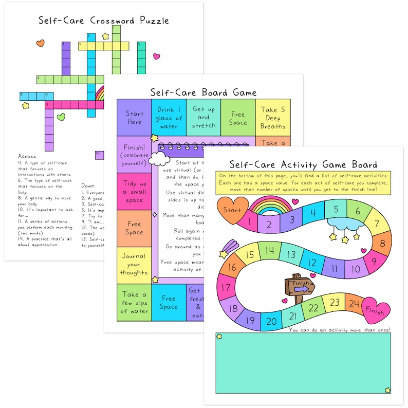 May include: A printable self-care activity game board with a rainbow path and stars. The board includes instructions to move spaces based on completing self-care activities. The text on the board reads "Self-Care Activity Game Board".