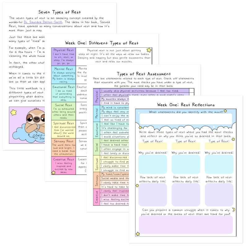 May include: A workbook page with the title "Seven Types of Rest" and a sloth illustration. The workbook explores different types of rest, including physical, mental, emotional, social, spiritual, sensory, and creative rest. It includes assessment and reflection sections.