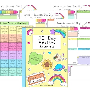 May include: A colorful 30-Day Anxiety Journal with a yellow cover, featuring a rainbow, unicorn, and floral illustrations. The journal includes daily prompts and a challenge section for managing anxiety. The text "You've got this!" is also visible.