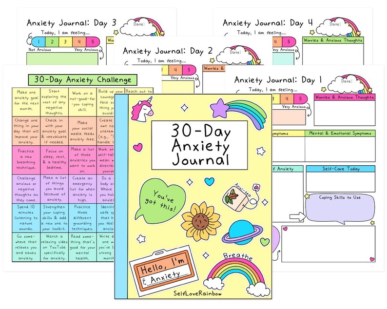 May include: A colorful 30-Day Anxiety Journal with a yellow cover, featuring a rainbow, unicorn, and floral illustrations. The journal includes daily prompts and a challenge section for managing anxiety. The text "You've got this!" is also visible.