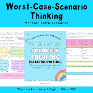 Può includere: Una risorsa per la salute mentale in PDF stampabile e digitale intitolata "Worst-Case-Scenario Thinking". La copertina presenta il titolo, un arcobaleno e la frase "Exploring Cognitive Distortions".
