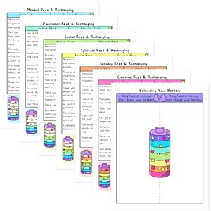 May include: A stack of colorful, illustrated cards with titles like "Mental Rest & Recharging" and "Balancing Your Battery." Each card features text and a cartoon battery graphic with hearts and stars.
