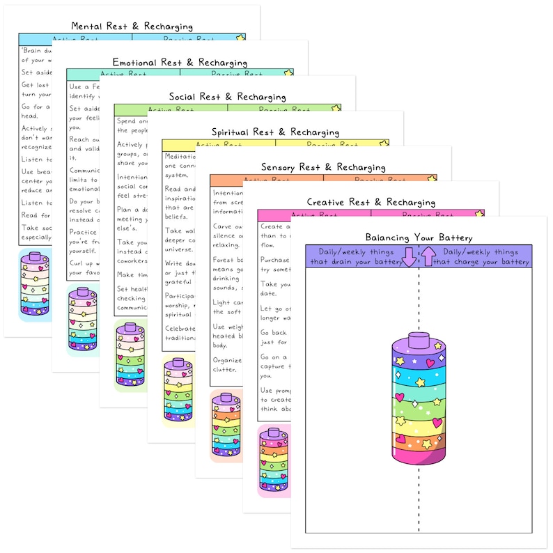 May include: A stack of colorful, illustrated cards with titles like "Mental Rest & Recharging" and "Balancing Your Battery." Each card features text and a cartoon battery graphic with hearts and stars.