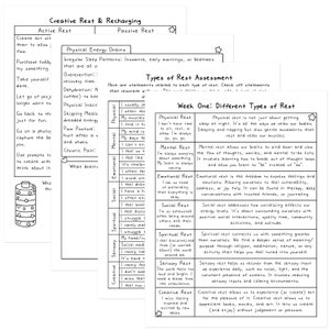 May include: A collection of white paper sheets with text about different types of rest, including physical, mental, emotional, social, spiritual, sensory, and creative rest. The text is in black font. The title is "Creative Rest & Recharging".