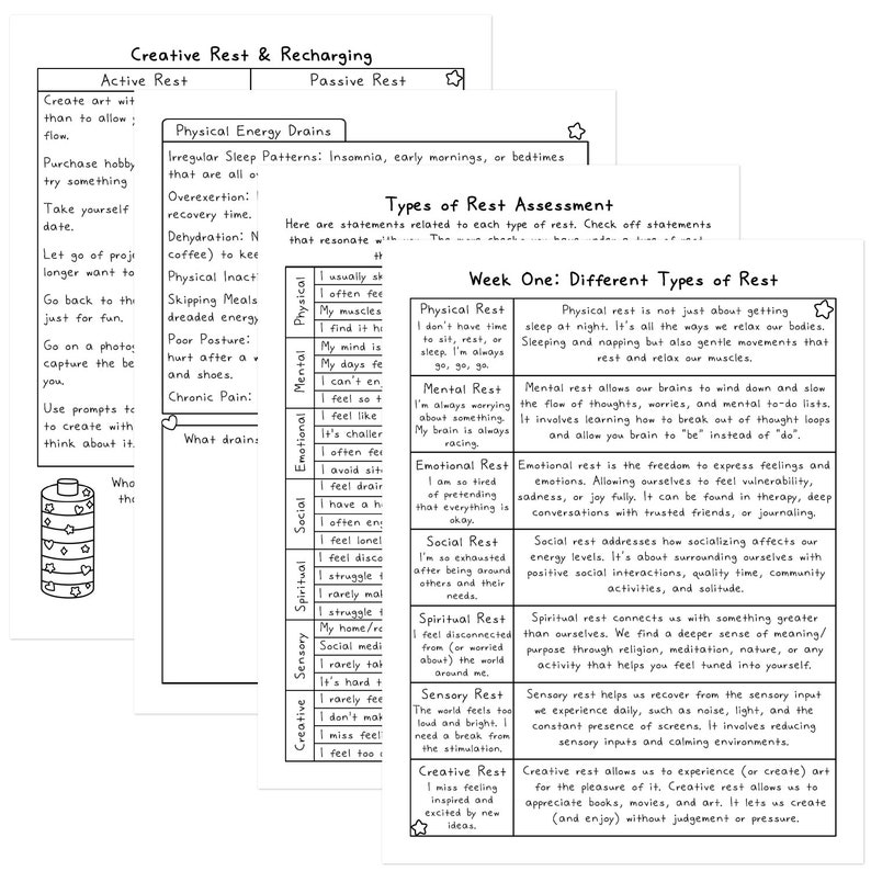 May include: A collection of white paper sheets with text about different types of rest, including physical, mental, emotional, social, spiritual, sensory, and creative rest. The text is in black font. The title is "Creative Rest & Recharging".
