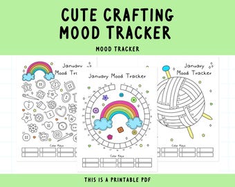 May include: Three printable mood tracker pages featuring a rainbow, yarn ball, and buttons. Each page has a calendar grid and a color key.