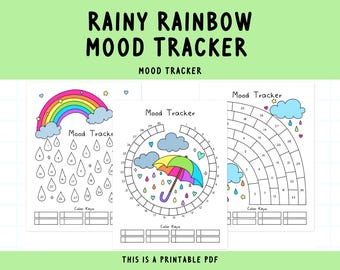 May include: Printable mood tracker with three different designs featuring a rainbow, an umbrella, and a cloud. Each design has a circular grid with numbers for tracking moods.