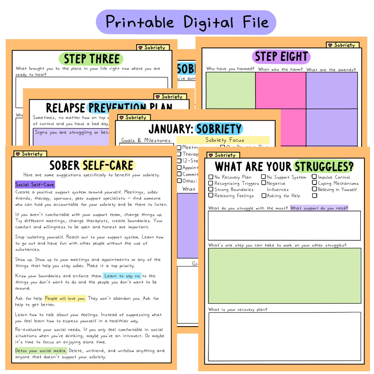 Sobriety Worksheets Recovery AA Addiction Sober Life Etsy Canada