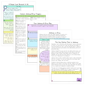 May include: A set of five educational worksheets with pastel-colored headers and borders. The pages contain text titled A Deeper Look Beneath It All, Common Jealousy/Envy Triggers, Your Jealousy & Envy Map, Jealousy vs Envy, and The Icky Feeling That is Jealousy.