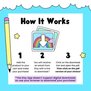 May include: A light blue graphic with the text "How It Works" and instructions for digital downloads. The steps include adding a product to your cart, receiving an email, and clicking a download link. A yellow pencil and stars decorate the image.