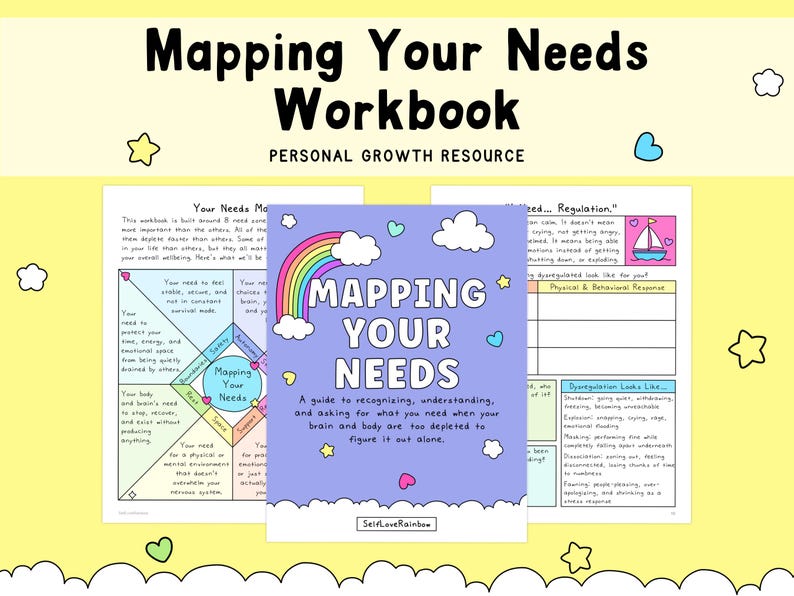 May include: A workbook titled "Mapping Your Needs" with a rainbow, clouds, and hearts graphic. The cover includes the text "Mapping Your Needs" and "A guide to recognizing, understanding, and asking for what you need when your brain and body are too depleted to figure it out alone."