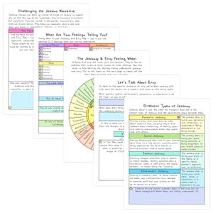 May include: A set of five educational worksheets titled Challenging the Jealous Narrative, What Are Your Feelings Telling You, The Jealousy & Envy Feeling Wheel, Let's Talk About Envy, and Different Types of Jealousy, featuring colorful charts and text.