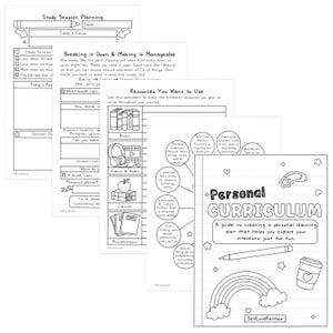 May include: A collection of black and white printable worksheets for study session planning and personal curriculum development. The worksheets include sections for focus, resources, and breaking down topics. The cover of the curriculum guide features a rainbow and coffee cup.