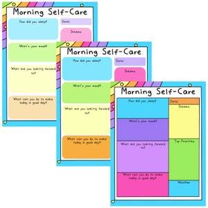 May include: Three printable morning self-care worksheets with rainbow stripes and stars. Each worksheet has sections for how you slept, your mood, what you are looking forward to, and what you can do to make today a good day. The third worksheet also includes sections for dreams, top priorities, and weather.