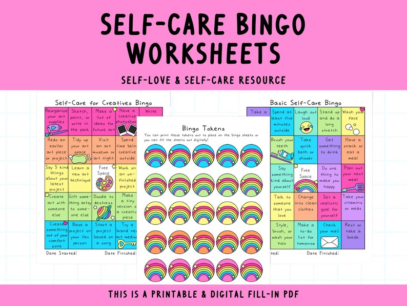self-care bingo worksheets, self-care bingo workbook, colorful, rainbow fun