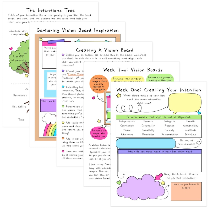 May include: A colorful printable worksheet with the title "Creating Your Intention" and a speech bubble with the text "What three areas of your life need the most attention right now?"  The worksheet is designed to help you identify and prioritize your personal values.