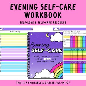 Könnte beinhalten: Ein druckbares und digitales Abend-Selbstpflege-Arbeitsbuch mit einem violetten Cover, das einen Regenbogen, Wolken und Sterne zeigt. Das Arbeitsbuch enthält einen Abschnitt zum Gehirnausladen und eine Abend-Checkliste.