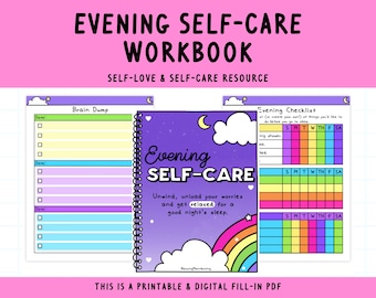 May include: A printable and digital evening self-care workbook with a purple cover featuring a rainbow, clouds, and stars. The workbook includes a brain dump section and an evening checklist.