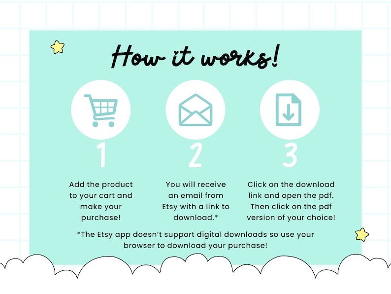 Pu&ograve; includere: Una grafica blu turchese con tre passaggi su come scaricare un prodotto digitale da Etsy. I passaggi sono illustrati con icone di un carrello della spesa, un'e-mail e una freccia di download. Il testo dice "Come funziona!" e include istruzioni su come aggiungere il prodotto al carrello, ricevere un'e-mail con un link di download e fare clic sul link di download per aprire il PDF.