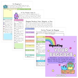 May include: A collection of colorful worksheets with journaling prompts and ideas for emotional and mental well-being. The cover features the text "Unpacking Your Baggage" with a rainbow and luggage illustrations.