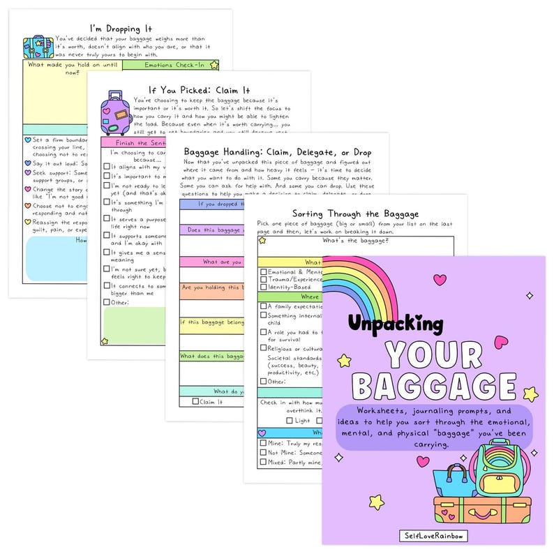 May include: A collection of colorful worksheets with journaling prompts and ideas for emotional and mental well-being. The cover features the text "Unpacking Your Baggage" with a rainbow and luggage illustrations.