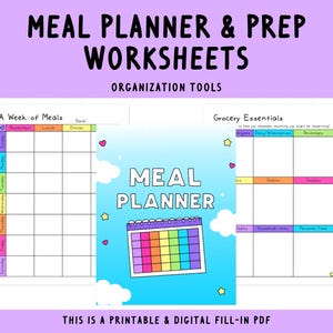 May include: Printable and digital meal planner worksheets with a colorful rainbow calendar design. The worksheets include sections for a week of meals, grocery essentials, and a meal planner.
