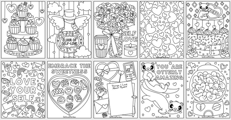 May include: A series of black and white line drawings with themes of self-love and Valentine's Day. Images include cupcakes, a perfume bottle, roses, hearts, a cake, chocolates, otters, and a gumball machine.