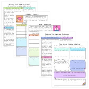 May include: A collection of colorful, handwritten worksheets with titles like "Meeting Your Need for Support" and "Your Needs Mapping Deep Dive." The pages feature prompts and fill-in-the-blank sections for self-reflection and emotional regulation, with illustrations of hearts and a sailboat.