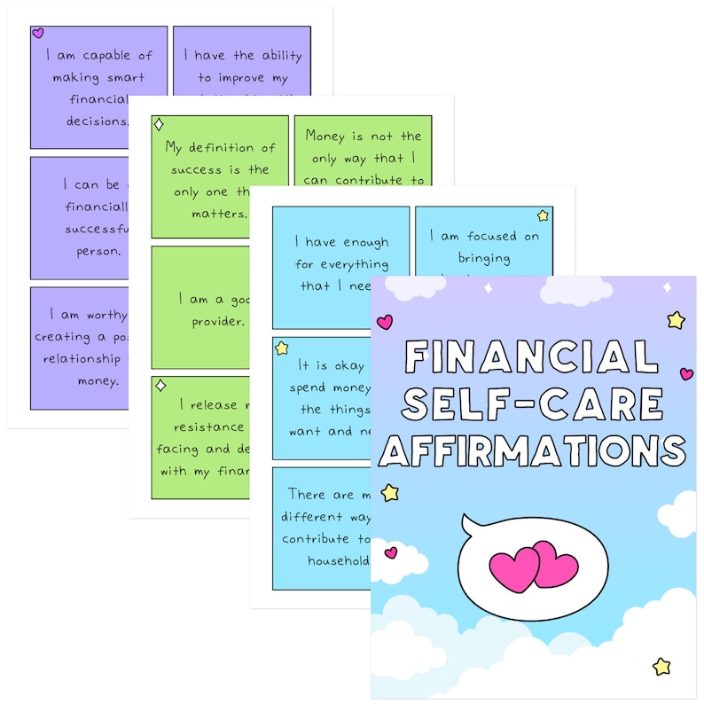 May include: A set of colorful affirmation cards with a light blue background and clouds. The cards feature positive affirmations related to financial self-care. The text on the cards includes phrases like "I am capable of making smart financial decisions" and "I am a good provider".