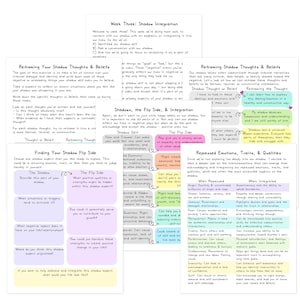 Puede incluir: Una colecci&oacute;n de seis hojas de trabajo educativas tituladas Week Three: Shadow Integration, Reframing Your Shadow Thoughts & Beliefs, Shadows, the Flip Side, & Integration, Finding Your Shadow Flip Side y Repressed Emotions, Traits, & Qualities.