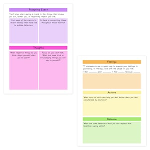 Pu&ograve; includere: Un foglio di lavoro stampabile con uno schema di colori rosa, arancione e verde. Il foglio di lavoro &egrave; diviso in sezioni con le intestazioni: Evento scatenante, Pensieri, Sentimenti, Azioni e Comportamento. Ogni sezione ha un prompt per l'utente per scrivere.