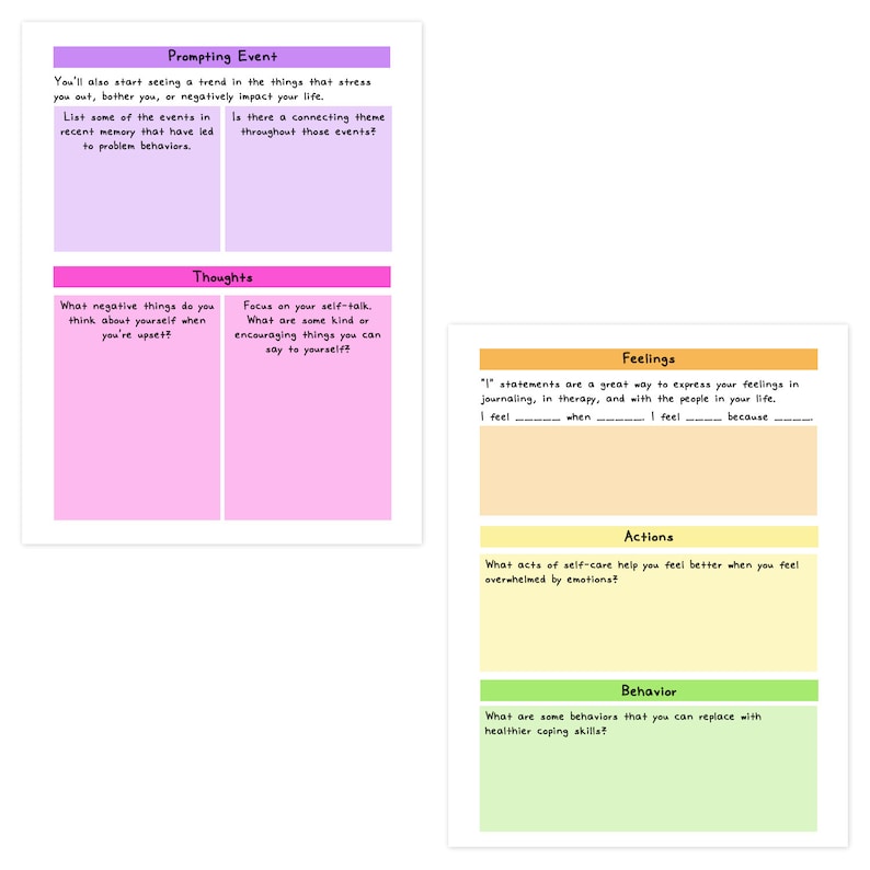 Pu&ograve; includere: Un foglio di lavoro stampabile con uno schema di colori rosa, arancione e verde. Il foglio di lavoro &egrave; diviso in sezioni con le intestazioni: Evento scatenante, Pensieri, Sentimenti, Azioni e Comportamento. Ogni sezione ha un prompt per l'utente per scrivere.