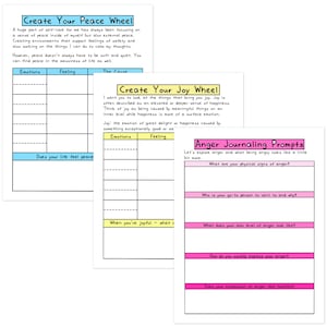May include: Three A4-sized printable worksheets for self-reflection and journaling. The worksheets include prompts for creating a peace wheel, a joy wheel, and anger journaling. Each worksheet has a title and space for writing.