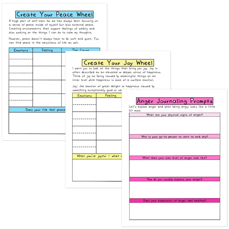 May include: Three A4-sized printable worksheets for self-reflection and journaling. The worksheets include prompts for creating a peace wheel, a joy wheel, and anger journaling. Each worksheet has a title and space for writing.