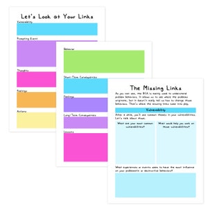 Pu&ograve; includere: Un foglio di lavoro stampabile con uno schema di colori blu chiaro, rosa, giallo e verde. Il foglio di lavoro &egrave; intitolato "Let's Look at Your Links" e "The Missing Links". Il foglio di lavoro &egrave; progettato per aiutare le persone a comprendere le proprie vulnerabilit&agrave; e come lavorarci.