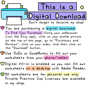 May include: A digital download graphic with a light blue printer illustration and text that reads "This is a Digital Download." Instructions are provided for accessing the digital purchase, including using a web browser and downloading from the Etsy account.