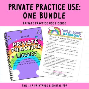 Puede incluir: Una licencia PDF imprimible y digital para usar los productos Self-Love Rainbow en una práctica privada o un entorno clínico. La licencia está ilustrada con un arcoíris y el texto "Private Practice License" en una fuente colorida y divertida.