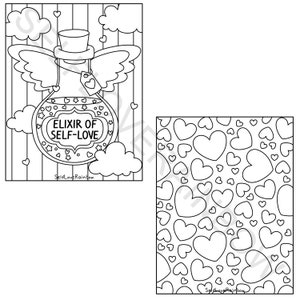 May include: Black and white line art illustration featuring two designs. One design shows a potion bottle labelled "Elixir of Self-Love" with wings and a top hat, surrounded by clouds. The other design is a pattern of hearts.