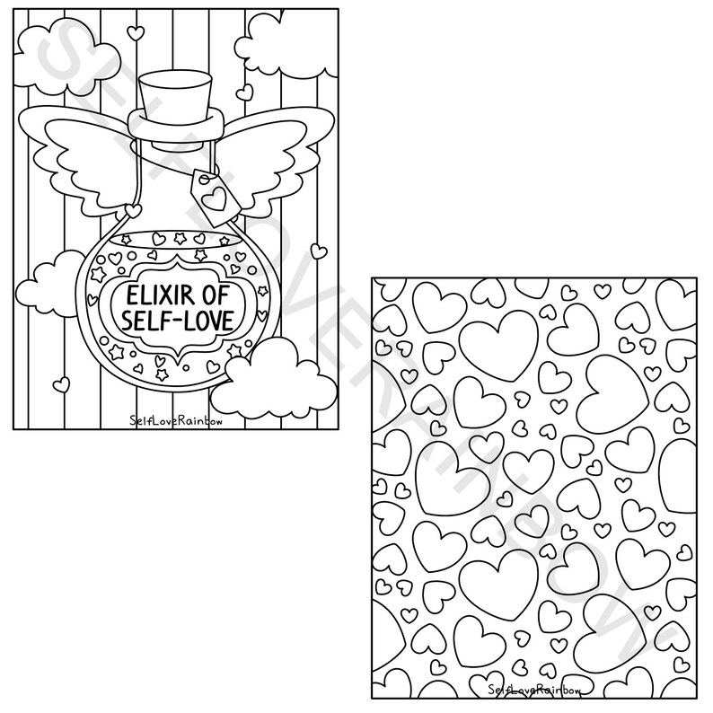 May include: Black and white line art illustration featuring two designs. One design shows a potion bottle labelled "Elixir of Self-Love" with wings and a top hat, surrounded by clouds. The other design is a pattern of hearts.