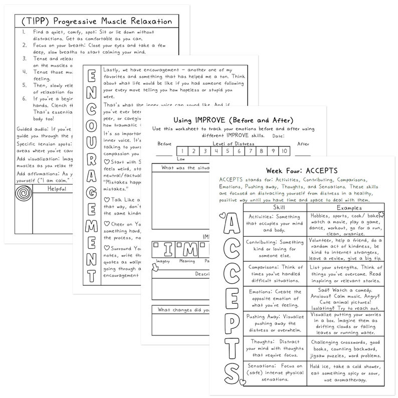 May include: Black and white worksheet with the title "Week Four: ACCEPTS" and a list of skills and examples for managing emotions. The skills are: Activities, Contributing, Comparisons, Emotions, Pushing Away, Thoughts, and Sensations.