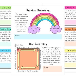 May include: A colorful educational chart with instructions for various breathing exercises, including Rainbow Breathing and Box Breathing. The chart features a rainbow graphic and text instructions in a handwritten style.