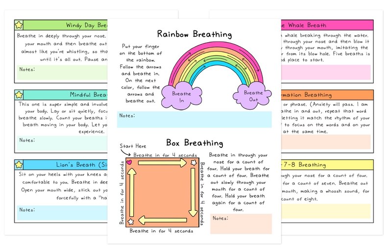 May include: A colorful educational chart with instructions for various breathing exercises, including Rainbow Breathing and Box Breathing. The chart features a rainbow graphic and text instructions in a handwritten style.