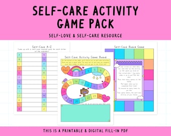 Könnte beinhalten: Druckbarer und digitaler Selbstpflege-Aktivitäts-Spieleset mit einem Regenbogen-Farbschema. Das Set enthält eine Selbstpflege-A-Z-Aktivität, ein Selbstpflege-Aktivitäts-Spielbrett und ein Selbstpflege-Brettspiel.
