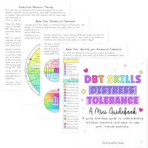May include: A colorful guidebook titled "DBT Skills Distress Tolerance: A Mini Guidebook" with a rainbow heart and stars. The guidebook is a quick and easy way to understand distress tolerance and ways to cope with intense emotions. The cover features a window with a rainbow frame and the words "Blow Up" and "Shutting Down" on the window.