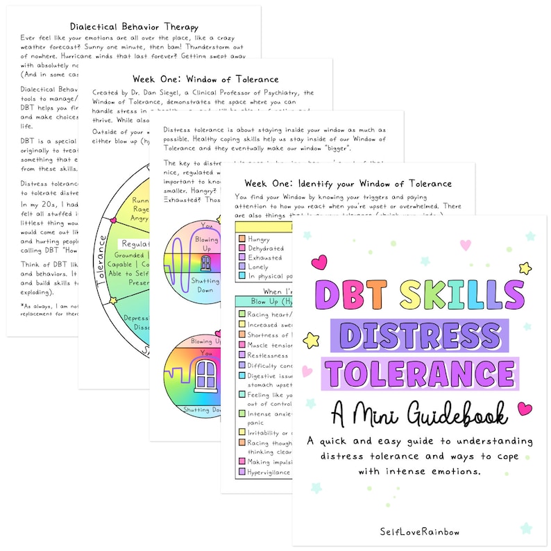 May include: A colorful guidebook titled "DBT Skills Distress Tolerance: A Mini Guidebook" with a rainbow heart and stars. The guidebook is a quick and easy way to understand distress tolerance and ways to cope with intense emotions. The cover features a window with a rainbow frame and the words "Blow Up" and "Shutting Down" on the window.