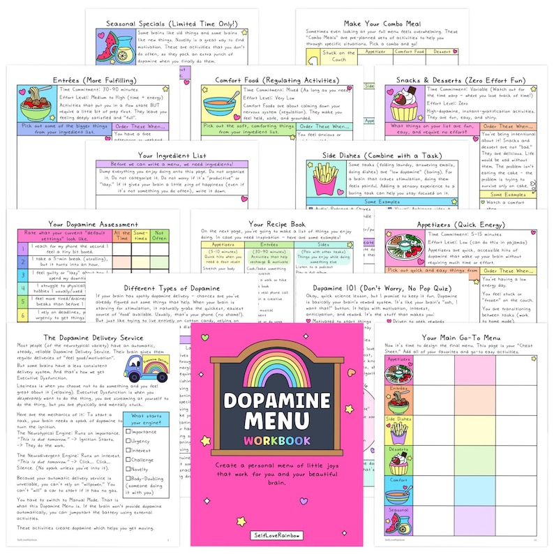 May include: A pink workbook titled "Dopamine Menu Workbook" with a rainbow graphic and the text "Create a personal menu of little joys that work for you and your beautiful brain." Several colorful pages are visible.