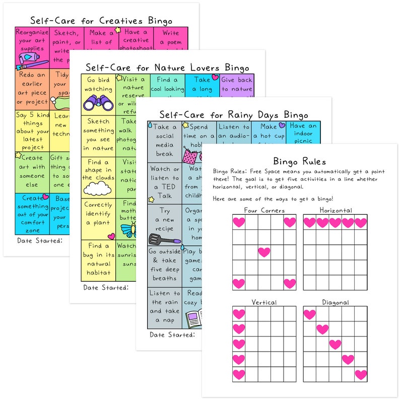 K&ouml;nnte beinhalten: Drei druckbare Bingokarten mit einem rosa-wei&szlig;en Farbschema. Die Karten sind mit "Self-Care for Creatives Bingo", "Self-Care for Nature Lovers Bingo" und "Self-Care for Rainy Days Bingo" betitelt. Jede Karte hat ein 5x5-Raster mit verschiedenen Selbstpflege-Aktivit&auml;ten, die in jedem Quadrat aufgelistet sind. Die Karten sollen Menschen helfen, Selbstpflege und Achtsamkeit zu praktizieren.
