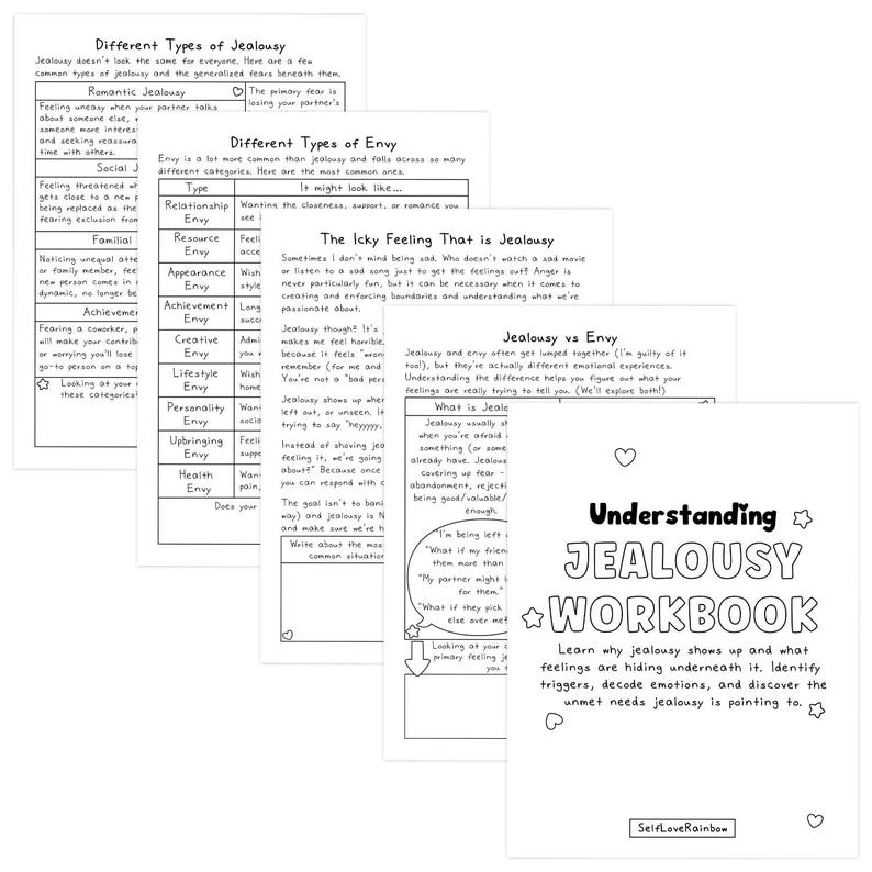 May include: A multi-page black and white workbook titled Understanding Jealousy Workbook, featuring printed text, tables, and charts that explore the differences between jealousy and envy, including sections on triggers, emotional decoding, and unmet needs.