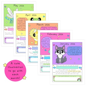 May include: A set of six colorful 2026 monthly planner pages with cute illustrations. Each page features a different animal or insect, with space for notes and self-care goals. The pages are decorated with stars and hearts.